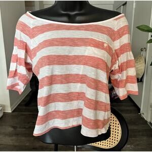 BCBGeneration XS Red White Striped Off-Shoulder Pocket Tee